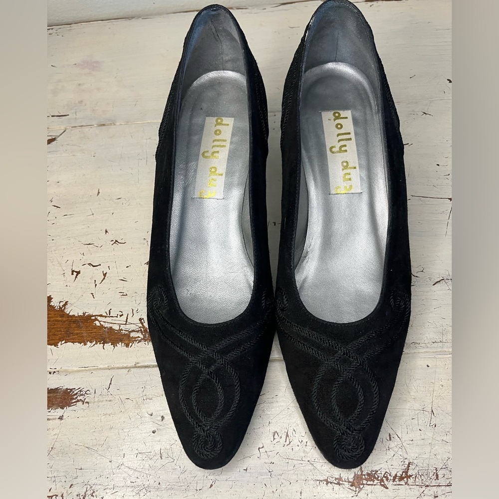 Dolly Duz Black Suede Pointed Toe Pumps Block Heel Made in Italy 9M